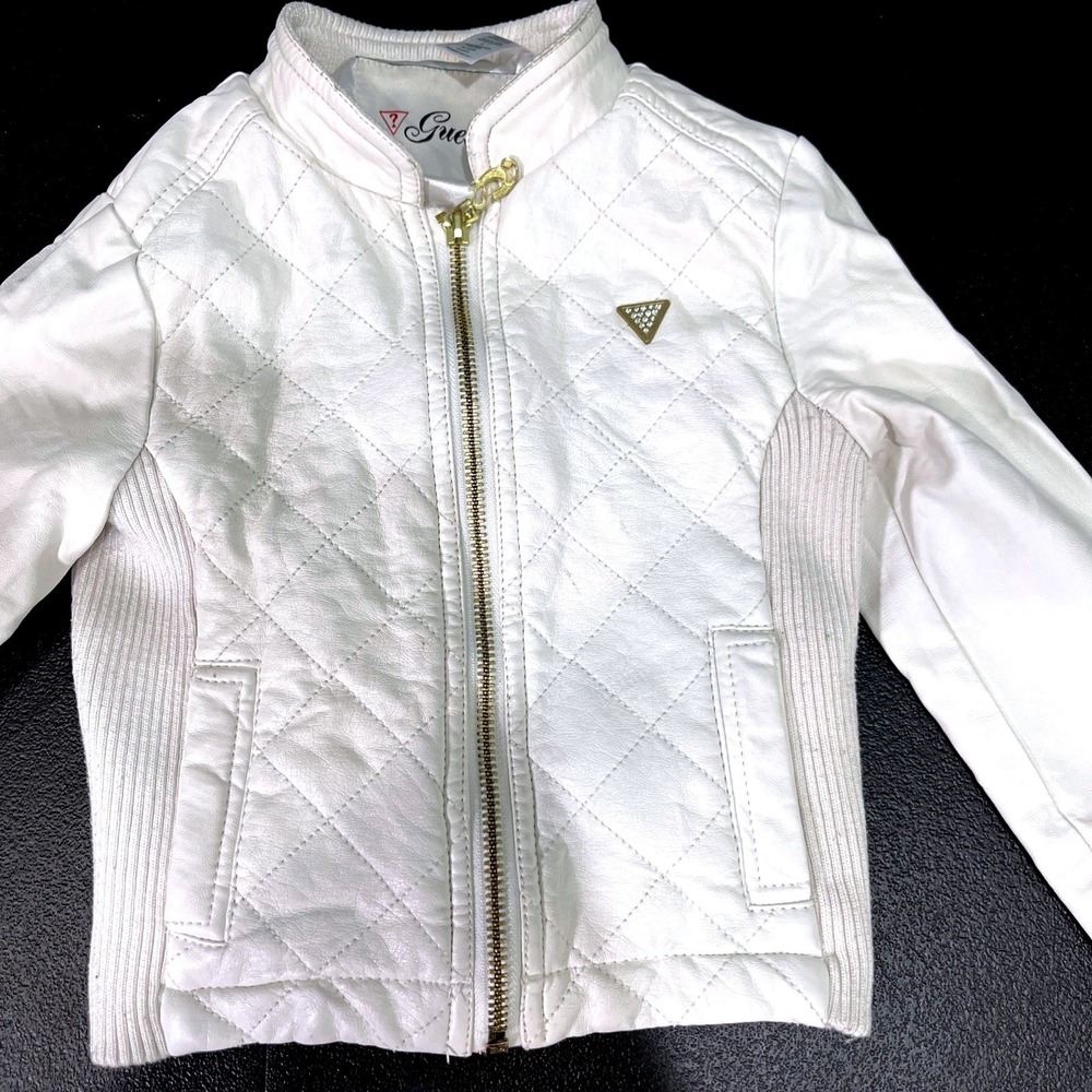 Guess Jacket Girls 4 White Faux Leather Quilted Moto Rhinestone Logo Gold Zip